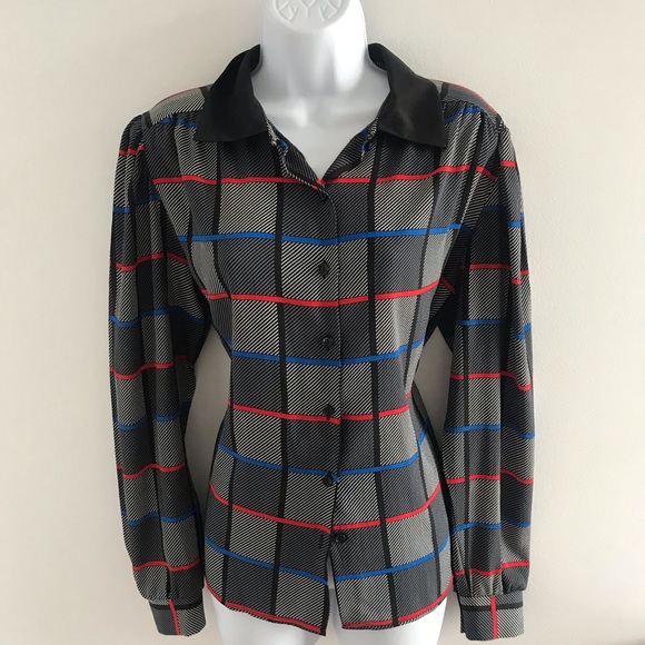 St.Michael Chic Plaid Pattern Black Collared Button Down Shirt with Belt 90’s - Picture 3 of 16